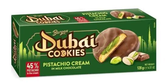Bergen Dubai cepumi ar šokolādes glazūru un pistāciju krēma pildijumu, 128 g